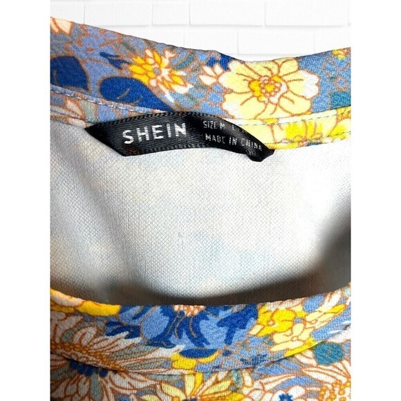 Shein Grey Yellow Floral‎ Print Round Neck Casual Peplum Top Womens Size medium - Picture 5 of 7
